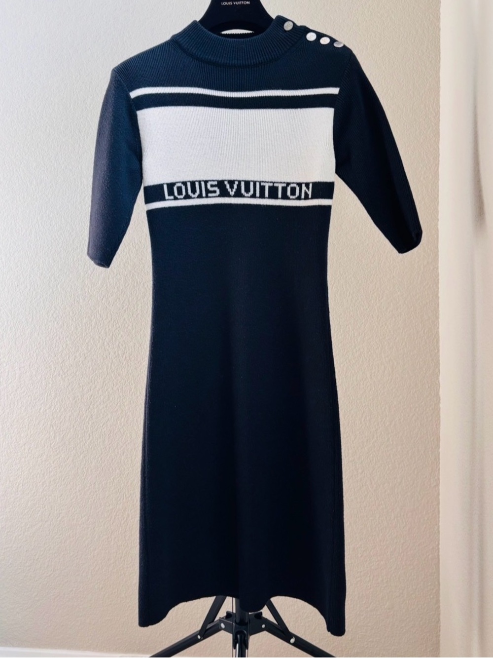 Louis Vuitton Dark Navy & White Logo Knit Midi Dress‘